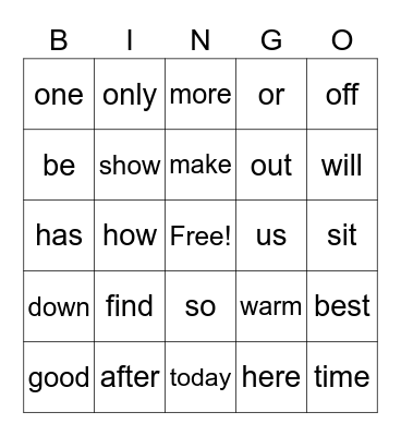 Sight Word Bingo Card