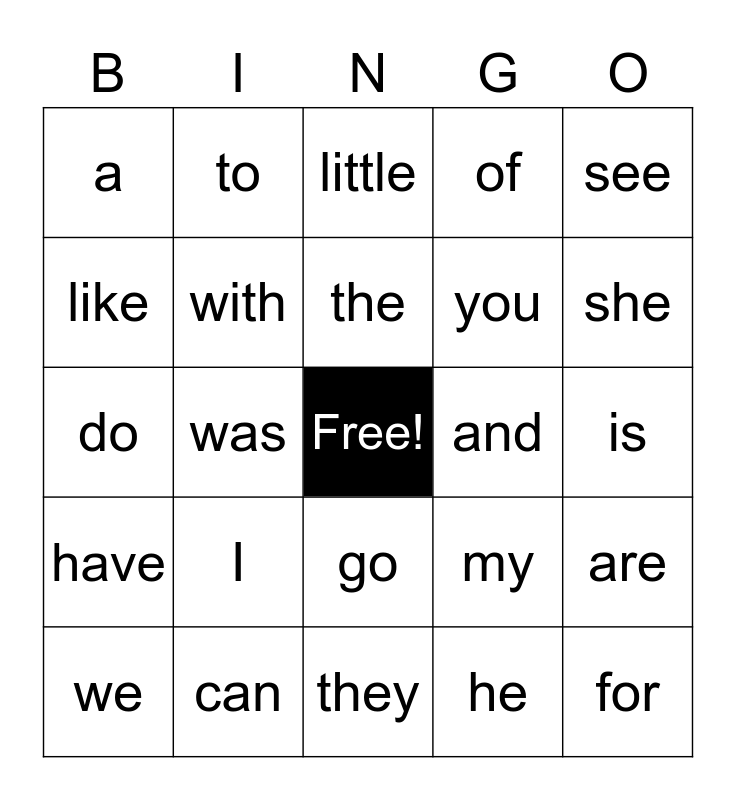 Kindergarten Set 1 Bingo Card