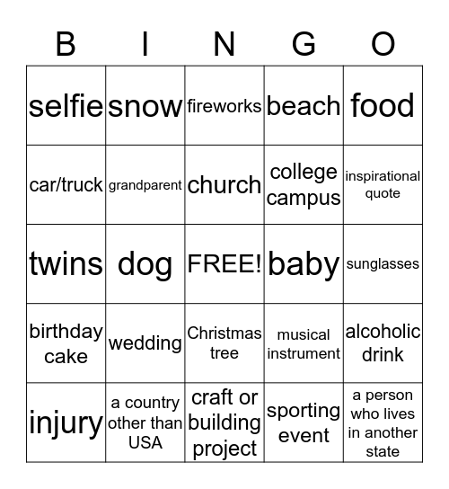 Cell Phone Photo Bingo Card