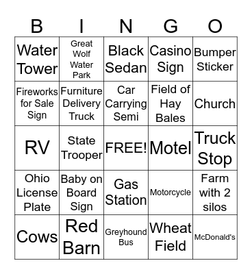 Weidner Bus Trip Bingo Card
