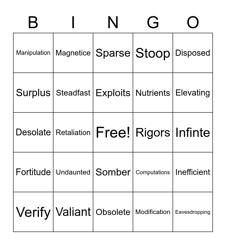 Unit 5 Vocabulary Bingo Card