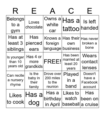 2015 Family Reunion Bingo Card