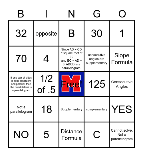 Parallelograms Quiz Review Bingo Card