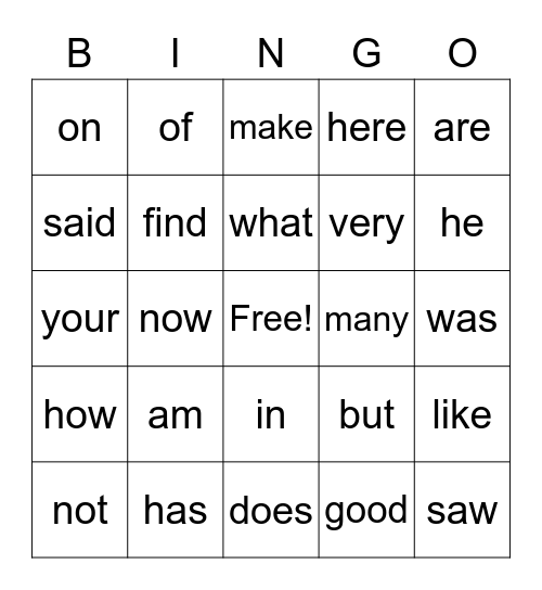Sight Word Bingo Card