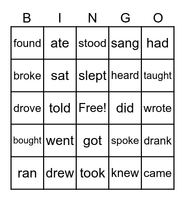 Simple Past Verbs Bingo Card