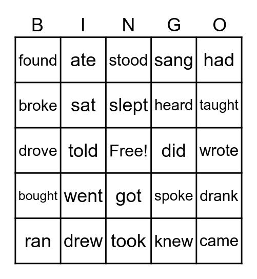 Simple Past Verbs Bingo Card