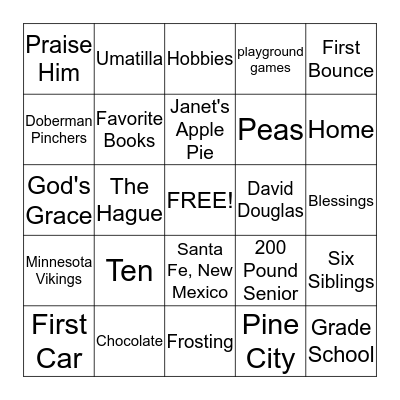 "Supper for Eight" Bingo Card