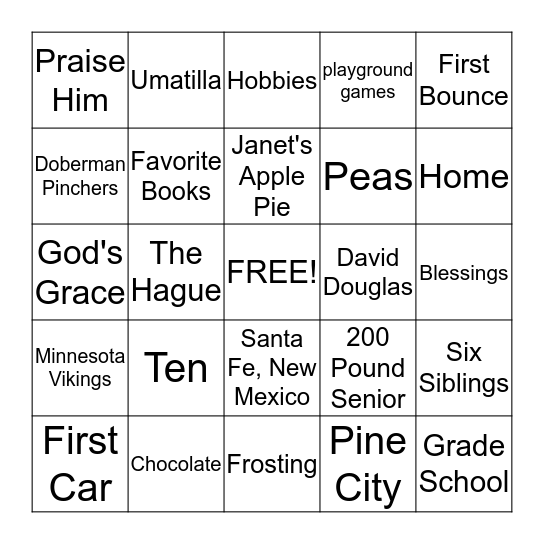 "Supper for Eight" Bingo Card