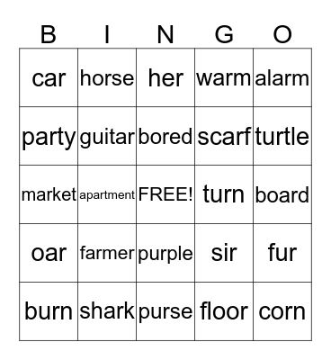 R-Controlled Vowels Bingo Card