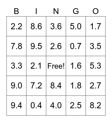 Tenths Fractions & Decimals Bingo Card