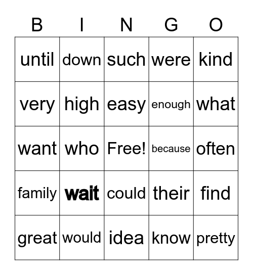 Sight Words !st gr. Bingo Card