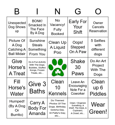 Paws & Relax Staff Bingo Card