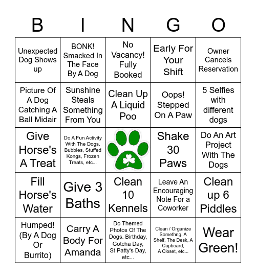 Paws & Relax Staff Bingo Card
