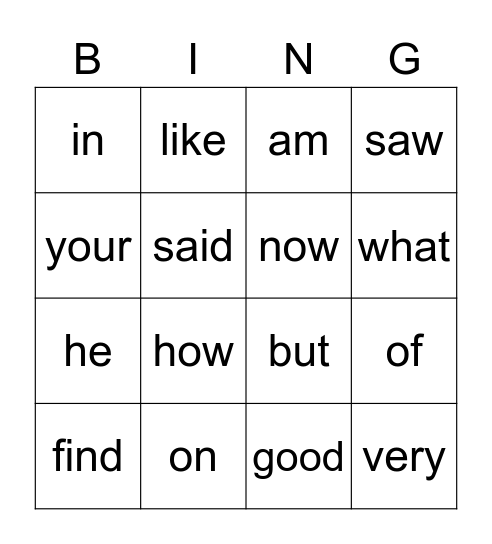 Sight Word Bingo Card