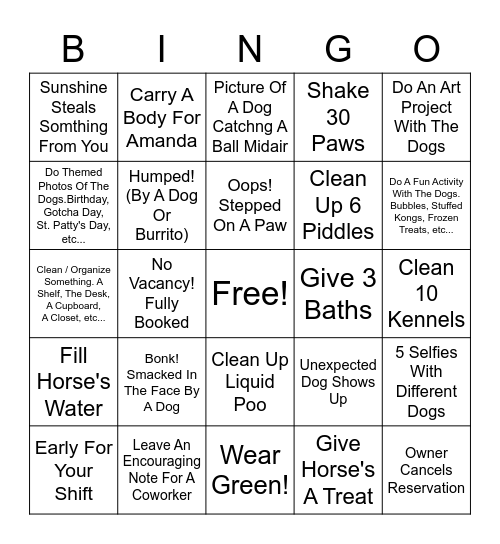 Paws & Relax Staff Bingo Card