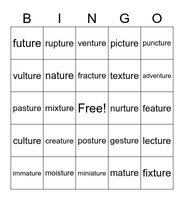 -ture  makes a word become a noun Bingo Card