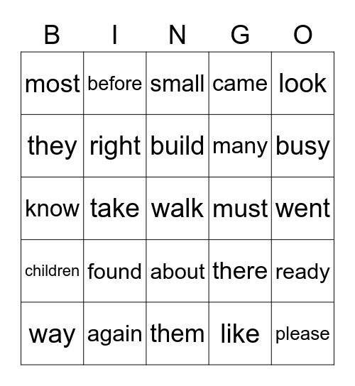 Sight words Bingo Card