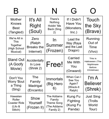 Kids Movie Songs Bingo Card