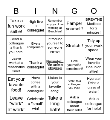 Beaubien Employee Appreciation Bingo Card
