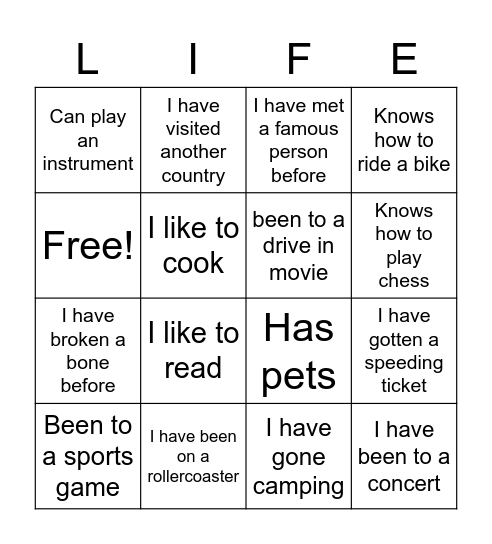 Life Experiences Bingo Card