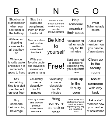 Random Acts of Kindness Bingo Card