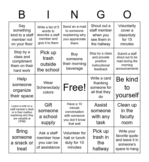 Random Acts Of Kindness Bingo Card