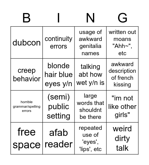 lemon fanfic bingo Card