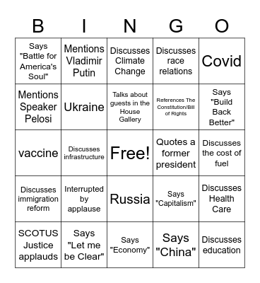 2022 State of the Union Bingo Card