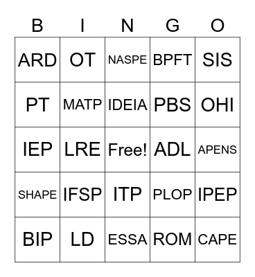 Special Education Acronym Bingo Card