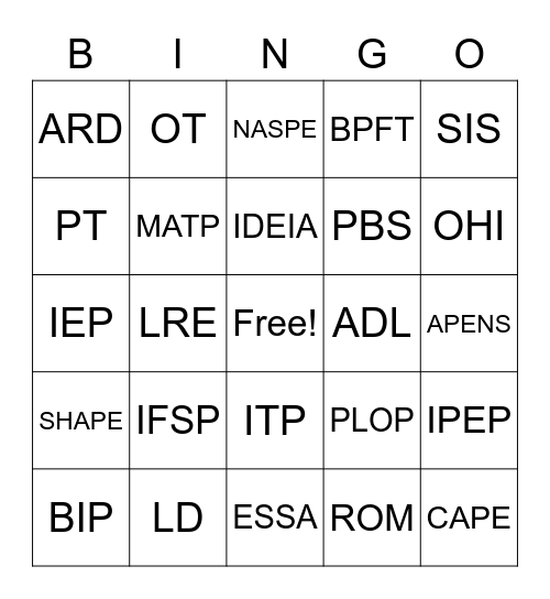 Special Education Acronym Bingo Card