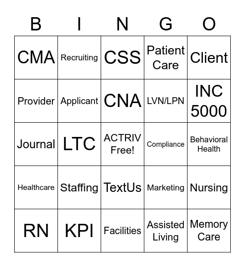 Actriv Healthcare Dallas Bingo Card