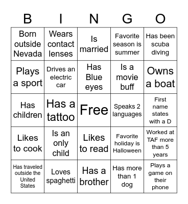 Getting to know you Bingo Card