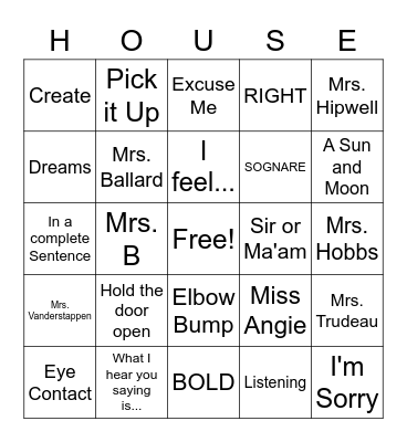 Sognare House BINGO Card