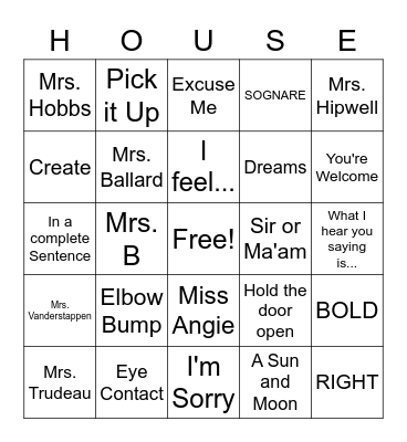 Sognare House BINGO Card