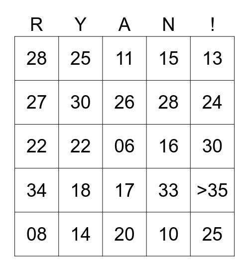 Ryan Perez Fan Club Bingo Card