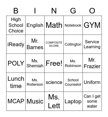8th graders Bingo Card
