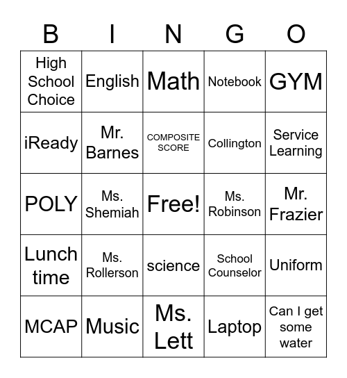 8th graders Bingo Card