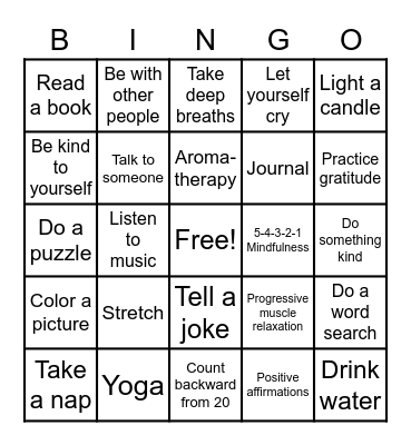 Coping Skill Bingo Card