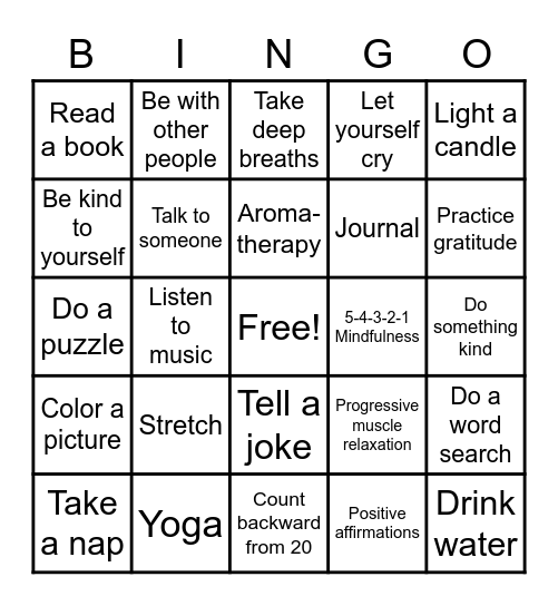 Coping Skill Bingo Card