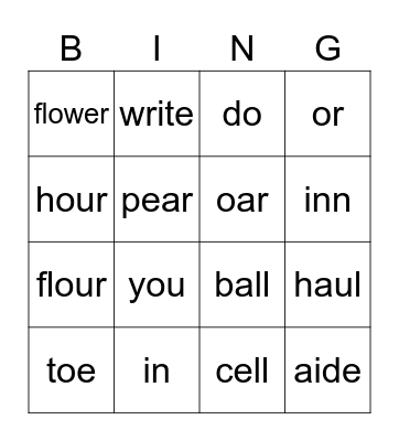 Homonym Bingo Card