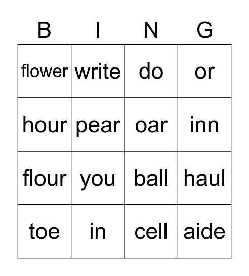 Homonym Bingo Card