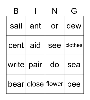 Homonym Bingo Card