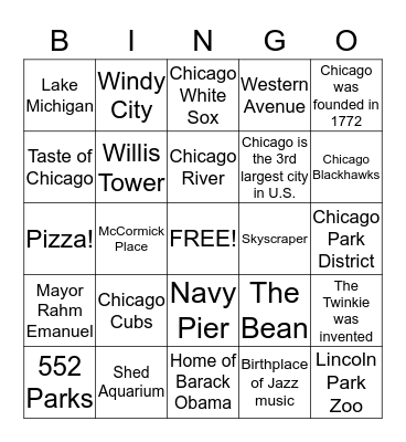 Chicago-"My Kind Of Town"  Bingo Card