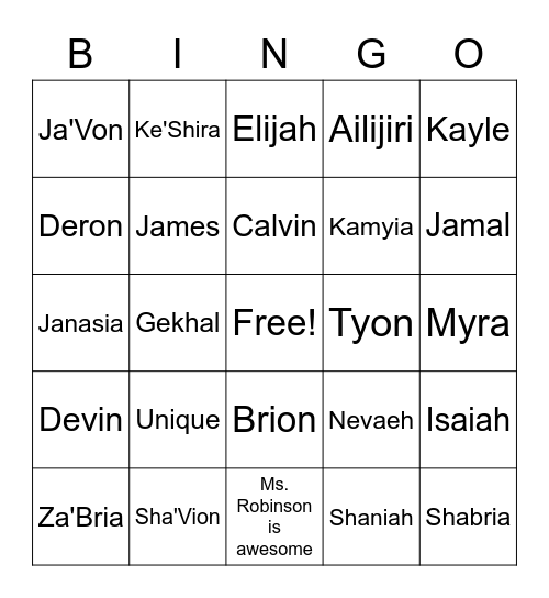 8th grader names Bingo Card