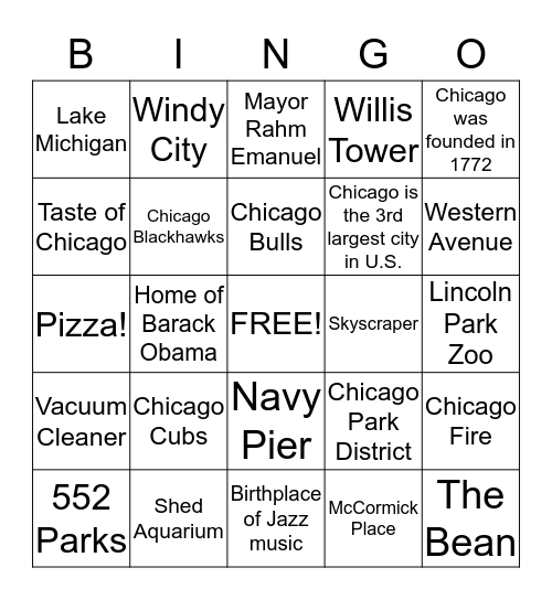 Chicago-"My Kind Of Town"  Bingo Card