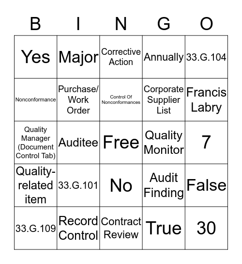 Mechanical Services Bingo Card