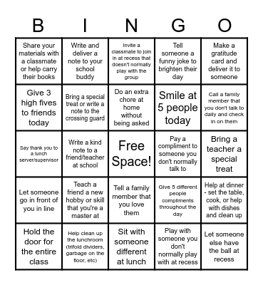 Queen of Angels Kindness Challenge Bingo Card