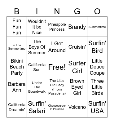 Beach Hits Bingo Card