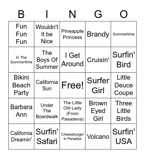 Beach Hits Bingo Card