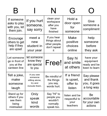 Kindness Culture, It Starts With You Bingo Card